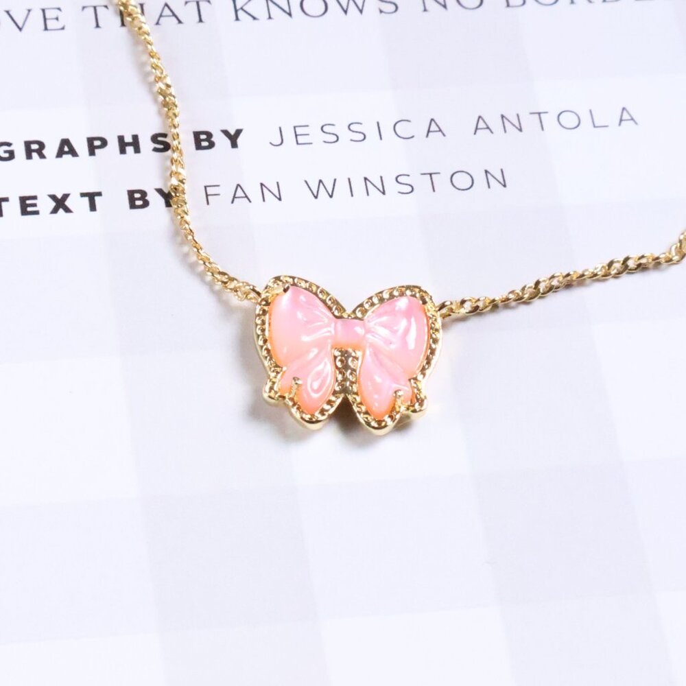 New Kendra Scott Blush Mother-of-Pearl Haley Bow Necklace Gold - Picture 2 of 3